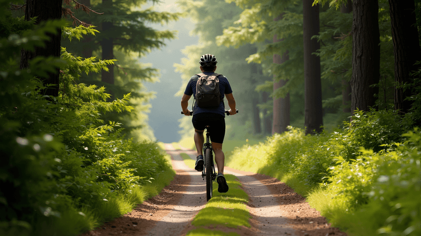 Person som cyklar i skogen på sommaren.