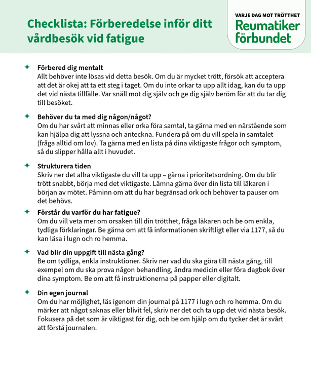 Checklista inför läkarbesök för fatigue. Ladda ner filen nedan.