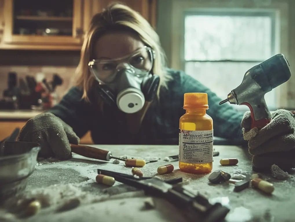 Bild på en kvinna med andningsskydd och borr som försöker öppna en svåröppnad läkemedelsförpackning